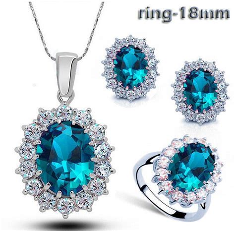 Big Crystal Sapphire Jewelry Sets Blue Neckalce Earrings Ring Set Real