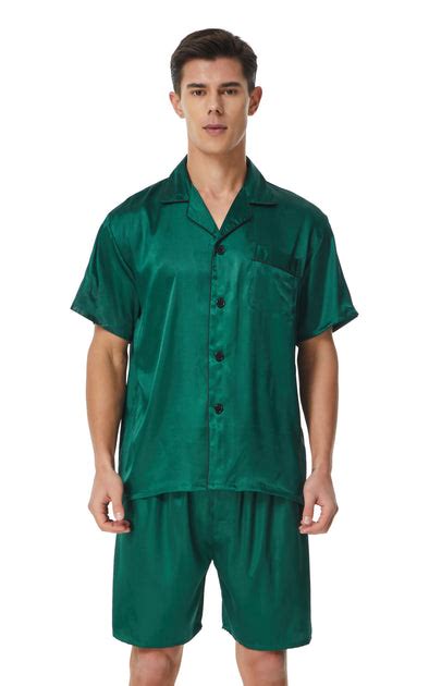 Mens Silk Satin Pajama Set Short Sleeve Deep Green With Black Piping