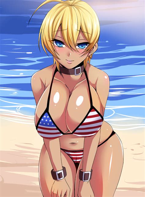 nishida megane mito ikumi shokugeki no souma 10s 1girl ahoge american flag bikini beach