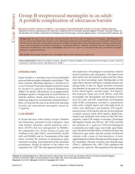 Pdf Group B Streptococcal Meningitis In An Adult A Possible Complication Of Olecranon Bursitis