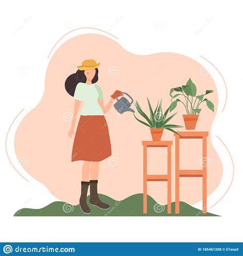 Garden A Young Girl With A Watering Can Watering Potted Plants A Woman