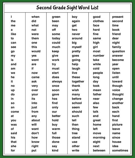 Word List For 2nd Grade