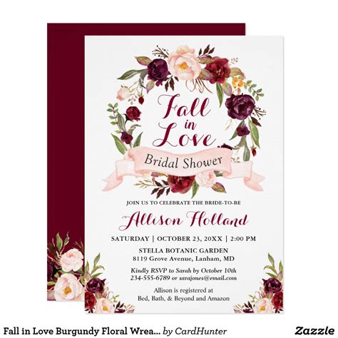 Fall In Love Burgundy Floral Wreath Bridal Shower Invitation