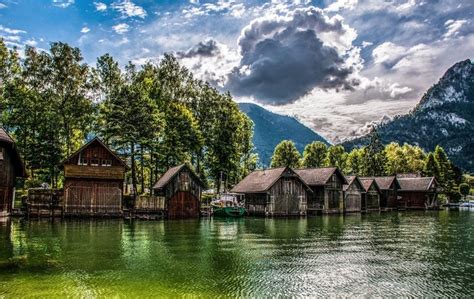 1230x777 Nature Landscape Lake Mountains Boathouses Trees Hdr Clouds