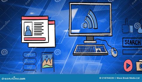 Composition Of Digital Icons Over Blue Screens Stock Illustration
