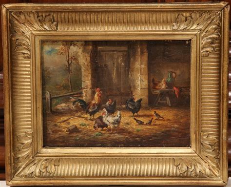 Pair Of 19th Century French Chicken Oil On Board Paintings In Gilt