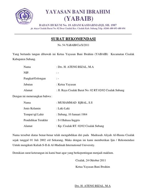 Tujuan surat rekomendasi kegiatan ini untuk menyatakan b. Surat Rekomendasi Yayasan