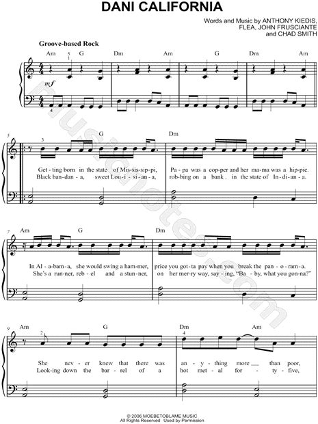 Red Hot Chili Peppers Dani California Sheet Music Easy Piano In A