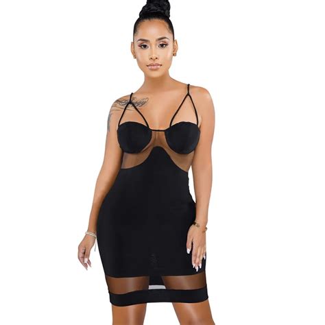 Sexy Sheer Mesh Patchwork Club Dresses Women Spaghetti Strap Hollow Out Sleeveless Backless