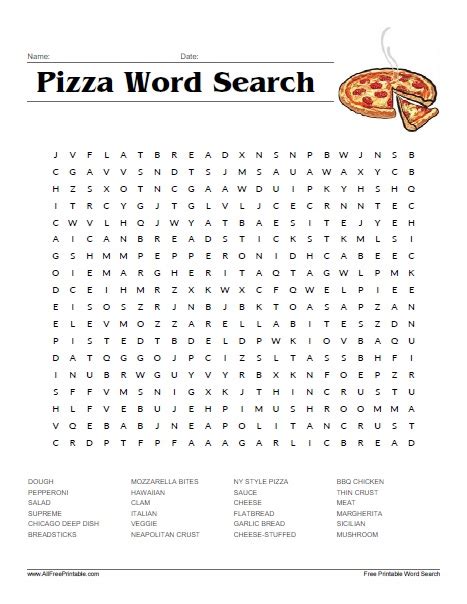 Print Pizza Word Search Free Printable