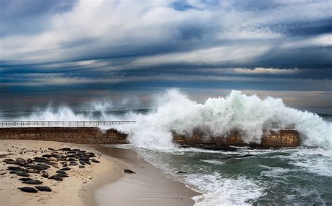 Wallpaper Sea Rock Shore Sand Beach Waves Coast California Horizon Cloud Weather