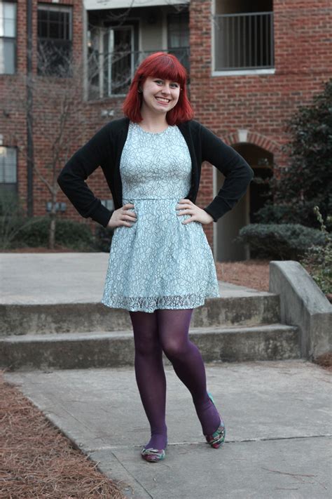 Outfit Light Blue Lace Dress With Purple Tights And Colorful Snakeskin