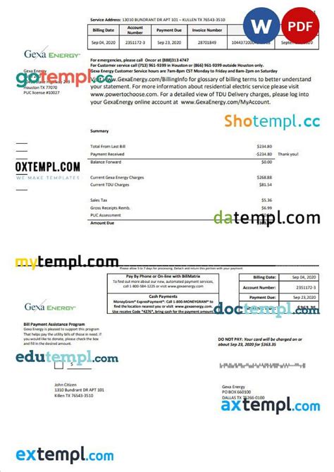 USA Texas Gexa Energy utility bill template in Word format by
