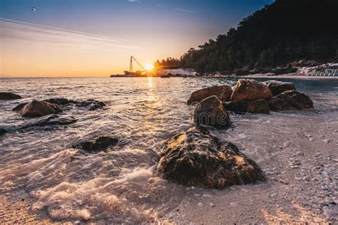 Sunrise At Marble Beach Porto Vathy In Thassos Island Greece Stock