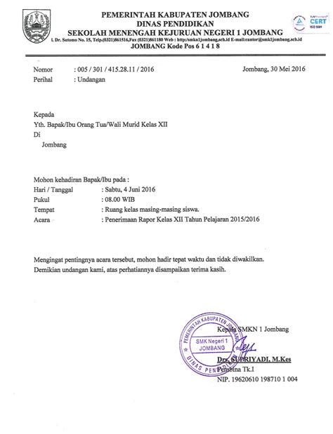 Pengambilan Raport Contoh Surat Undangan Resmi Sd / Undangan Untuk Wali