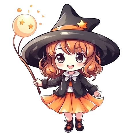 Cute Halloween Girl Cartoon Holding Magic Wand Kawaii Hand Drawn