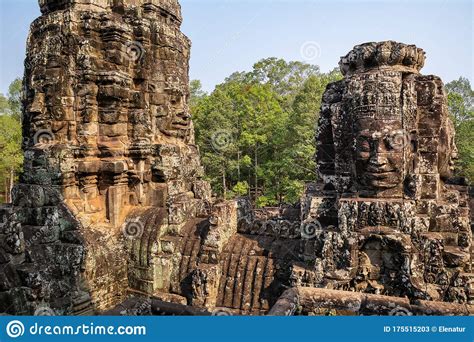 Travel Concept Stone Murals And Statue Bayon Temple Angkor Thom