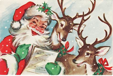 caroling santa and deer jolly santa and sweet reindeer vintag… flickr