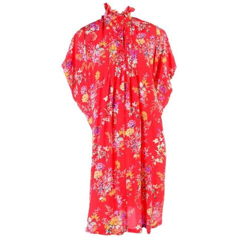 Vintage Emanuel Ungaro Dress In Red Floral Silk W High Neck And