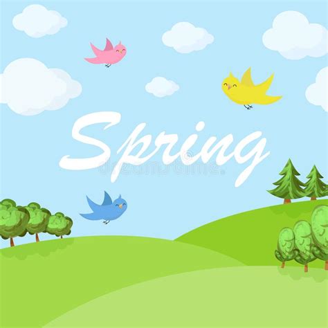 Spring Cartoon Landscape With Trees And Clouds And Flowers Stock Vector