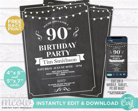 90th Surprise Birthday Invite Chalk Board Rustic Lights Invitation