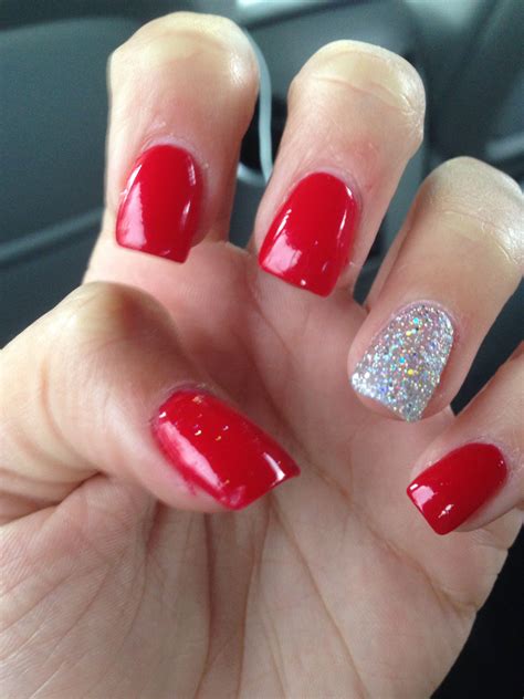 Acrylics Red With Glitter Nail On Ring Finger Red Nail Art Cute Nail