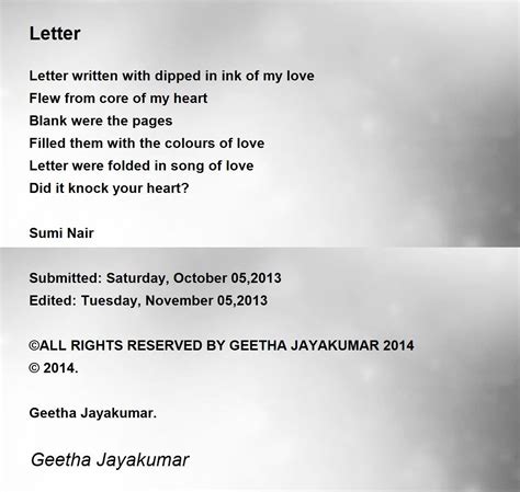 Letter Poem By Geetha Jayakumar Poem Hunter