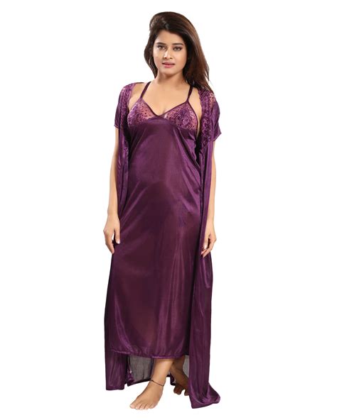 Buy Reposey Purple Satin Solid Nighty With Robe Bra And Panty