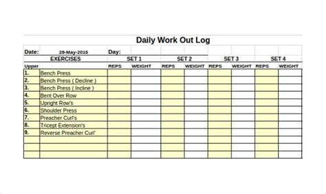 Workout Log Templates 10 Free Printable Excel Word And Pdf Formats