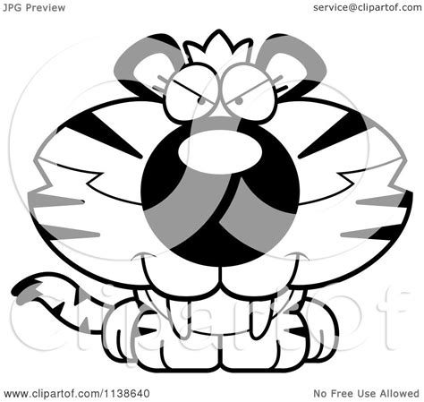 Cartoon Clipart Of An Outlined Cute Sly Tiger Cub Black And White