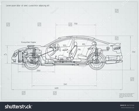 Detailed Engineering Drawing Car Vector Illustration Stock Vector