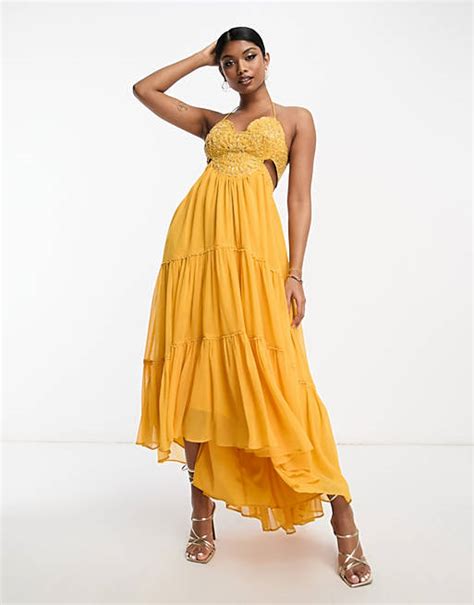 Asos Design Embellished Bodice Tiered Maxi Dress With Hi Low Hem And Open Back In Mustard Asos