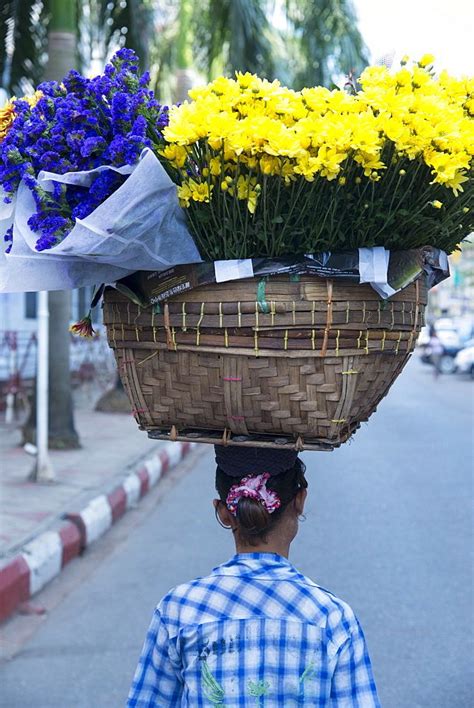 Woman Carrying Large Flower Basket On Her Head Yangon Rangoon