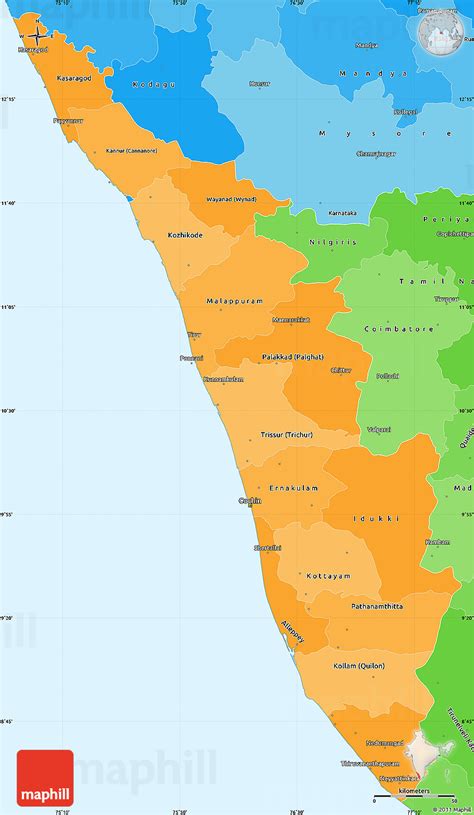 Know all about kerala state via map showing kerala cities, roads, railways, areas and other information. Political Shades Simple Map of Kerala