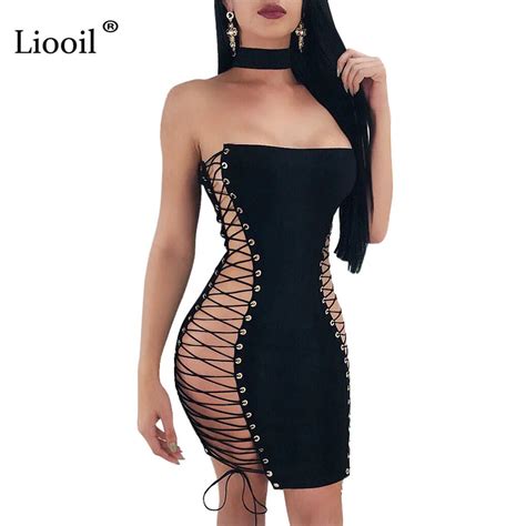 Liooil Sexy Club Strapless Lace Up Tank Mini Dress Women Hollow Out