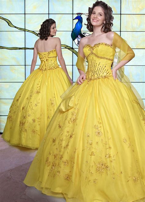 Yellow Ball Gown Strapless Sweetheart Lace Up Floor Length Embroidered