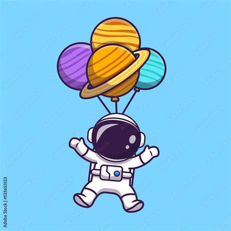 Cute Astronaut Floating With Planet Balloon In Space Cartoon Vector