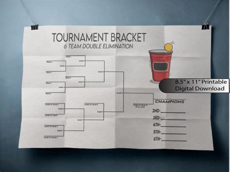 6 Team Double Elimination Beer Pong Tournament Bracket Instant Digital
