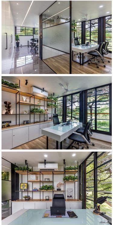 Three Different Views Of A Home Office With Glass Walls And Desks In