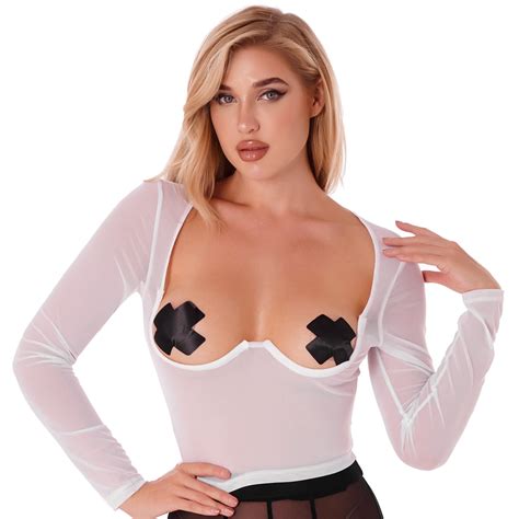 Chictry Womens See Through Mesh Underwire Crop Top Long Sleeve Open Cup