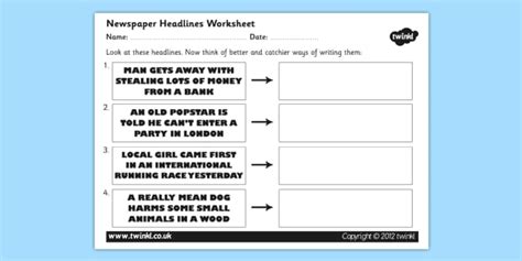 Differentiated generic newspaper report writing checklists. Newspaper Headline Writing Worksheet - newspaper headlines
