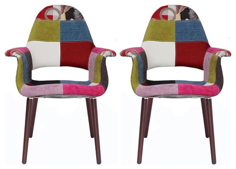 Patchwork Fabric With Arms Accent Wood Modern Dining Chairs Set Of 2
