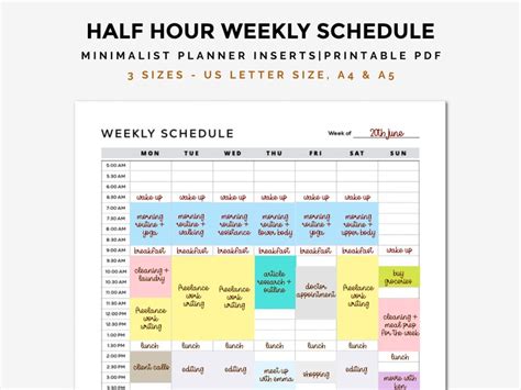 Half Hour Weekly Schedule Printable Half Hour Planner Weekly Etsy