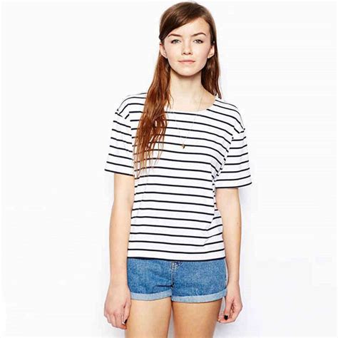 Preppy Style Summer New Women Striped T Shirt Black And White Short