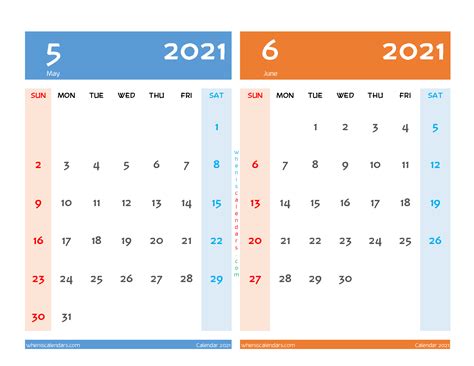 May June 2021 Calendar Printable Free
