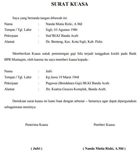 Contoh Surat Kuasa Pemotongan Gaji