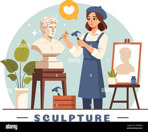 Stone Sculpture Vector Illustration Featuring A Craftsman Carving A