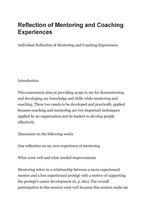 Reflection Of Mentoring And Coaching Experiences Reflection Of