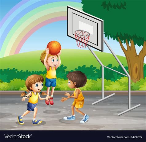 Three Children Playing Basketball At The Court Vector Image Kids