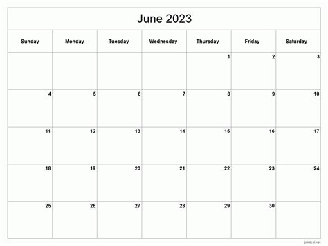 June Calendar Template Printable